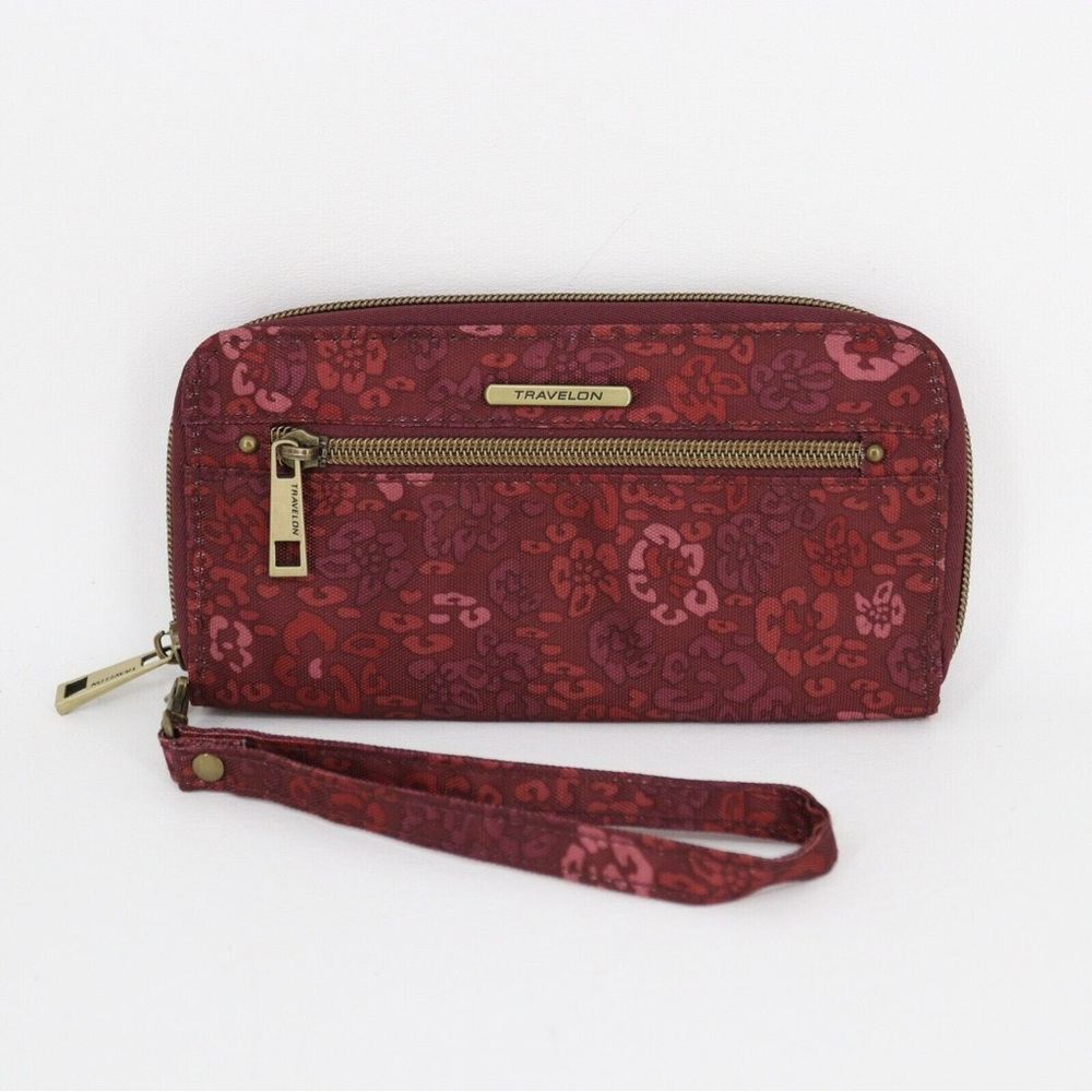 Travelon Zip Around Mega Wallet‎ Credit Card Burgundy Floral Wristlet